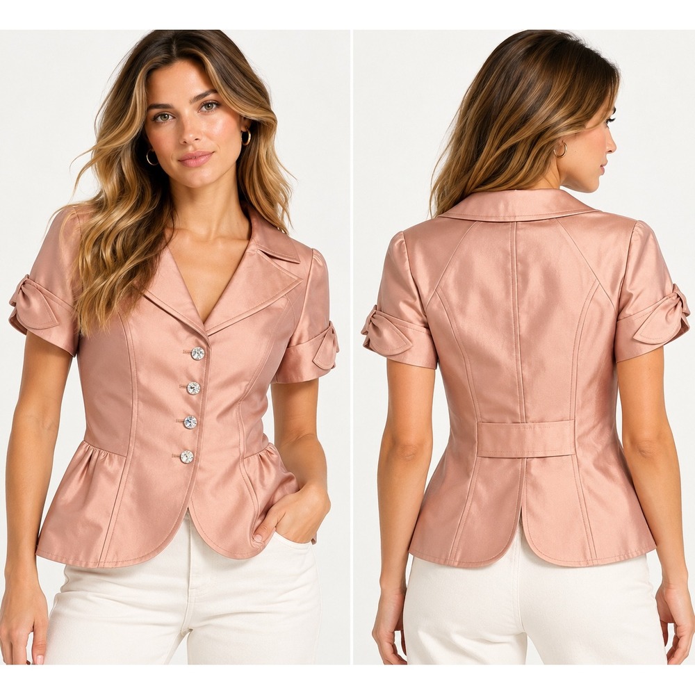 Adrianna Papell Womens 6 Pink Satin Peplum Blazer Crystal Buttons Bow Coquette